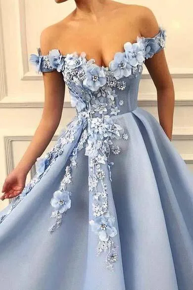 A Line Blue Off the Shoulder Tulle Lace Sweetheart 3D Flowers Prom Dresses Formal Dress JS464