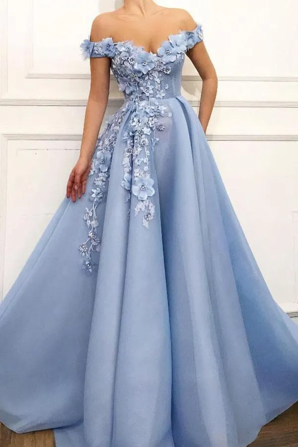 A Line Blue Off the Shoulder Tulle Lace Sweetheart 3D Flowers Prom Dresses Formal Dress JS464