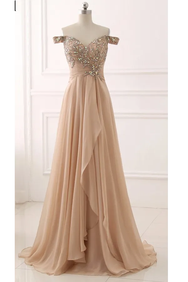 A Line Brush Train V Neck Off Shoulder Beading Ruffles Chiffon Prom Dresses