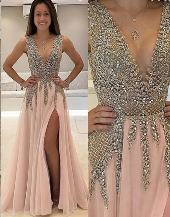 A-Line Deep V-Neck Sleeveless  Beaded Pink Tulle Prom Dress,Cheap Prom Dress,PDY0391