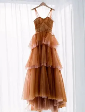 A Line Long Brown Tulle Prom Dresses Y1911