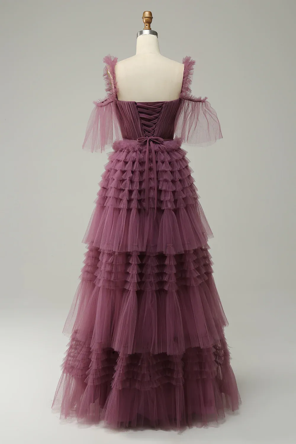 A Line Straps Mauve Tiered Prom Dress,Y2523