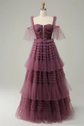 A Line Straps Mauve Tiered Prom Dress,Y2523