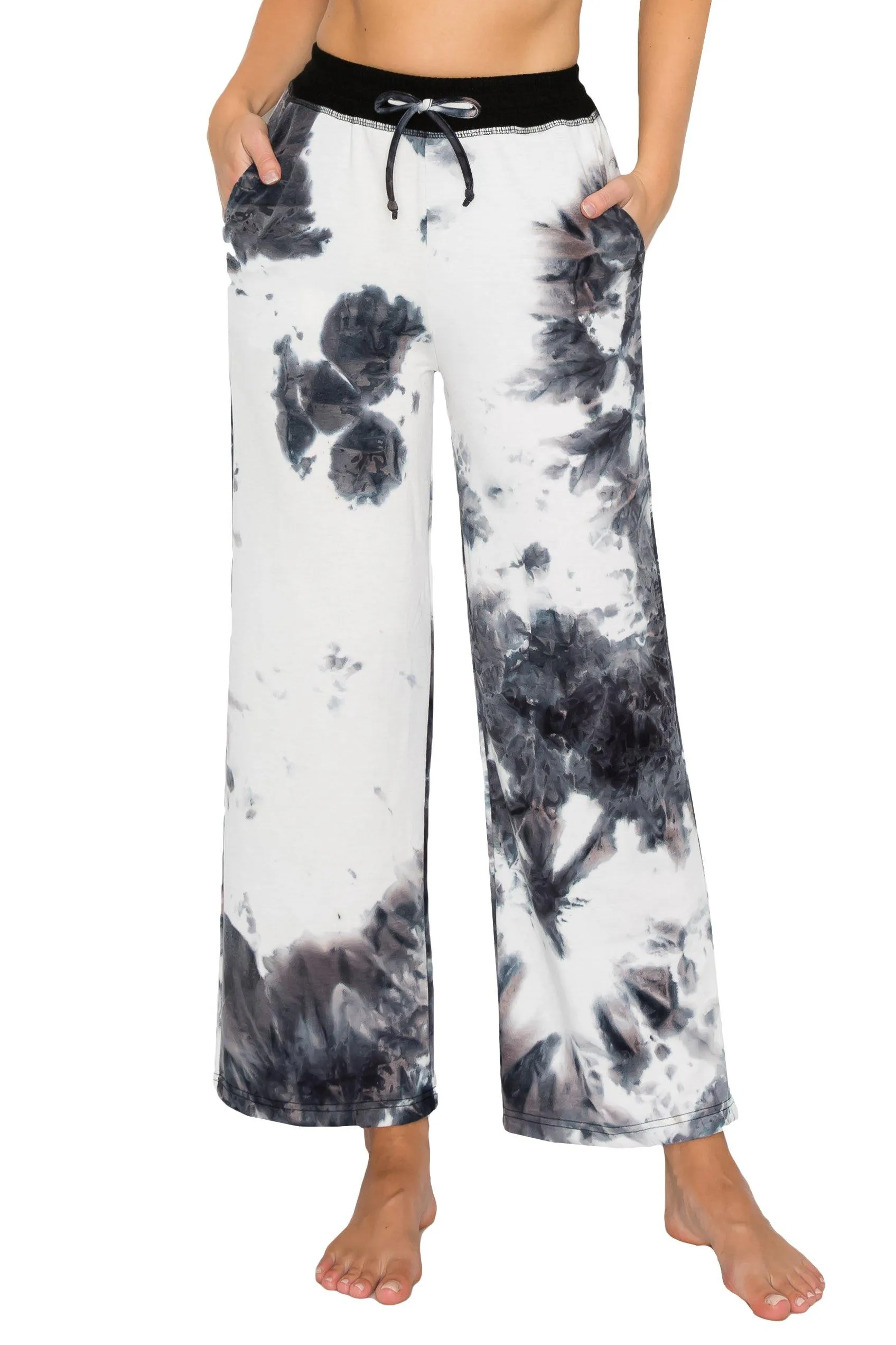 ALWAYS Women's French Terry Palazzo - Tie Dye Casual Elastic Drawstring Flowy Pants with Pockets