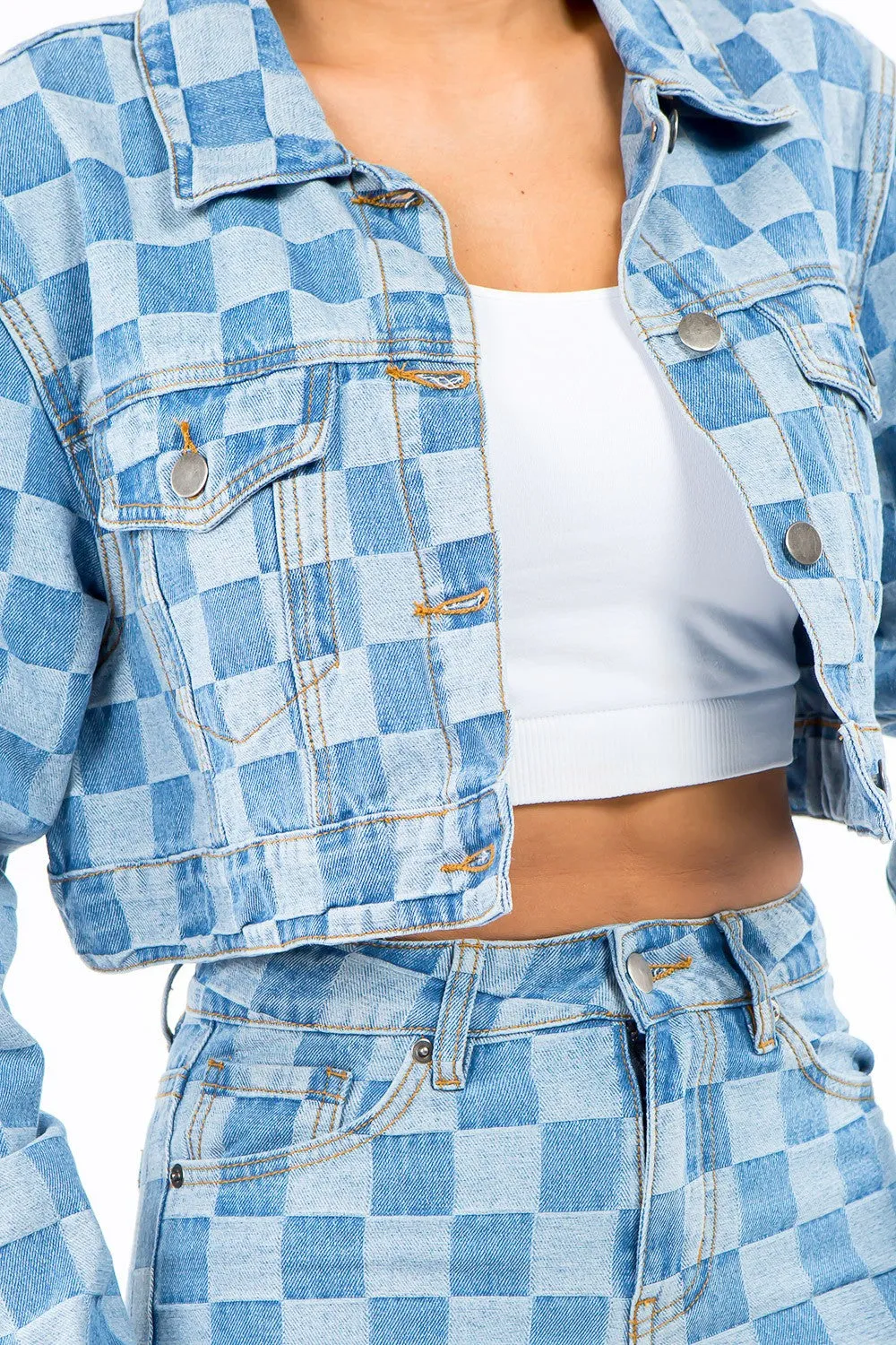 American Bazi Checkered Long Sleeve Cropped Denim Jacket