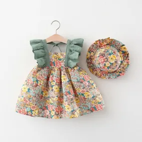 Baby Girls Summer Dress Floral Fly Sleeve with Hat Wholesale Baby Girl Clothes