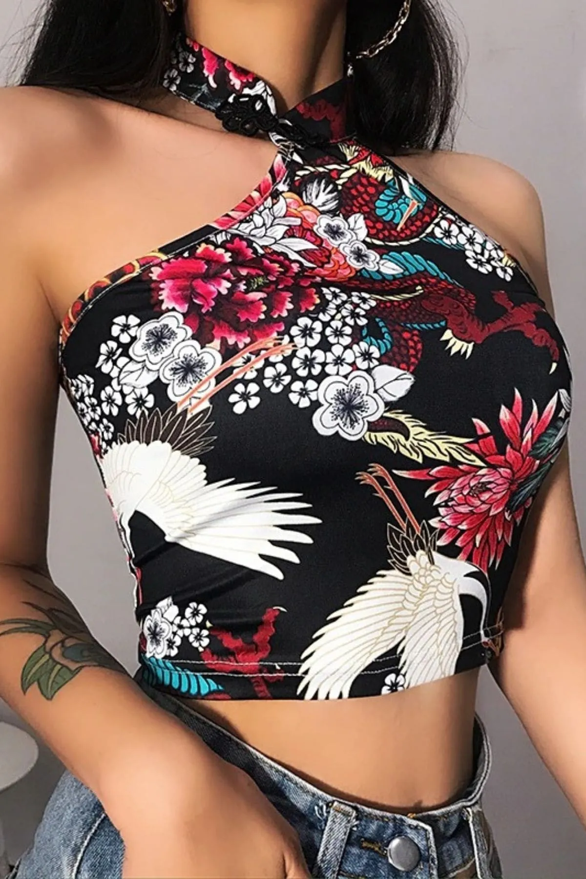 Black Halter Satin Dragon Crop Top