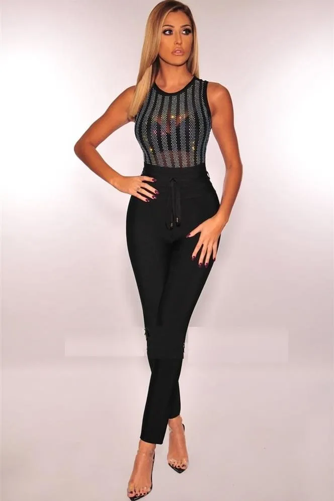 Black Rhinestone Mesh Sleeveless Embellished Bodysuit