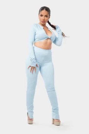 Blue Tie Front Crop Top And High Waist Pant Set