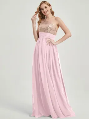 Blush One-Shoulder Sleeveless Chiffon Sequin Maxi Bridesmaid Dress