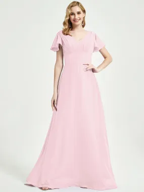 Blush Ruffle Sleeves Backless A-Line Chiffon Empire Bridesmaid Dress