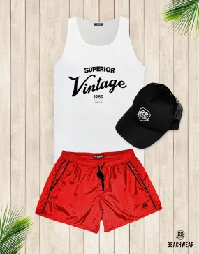 Bundle 3 - Red Beach Shorts   Black Hat White Logo   Tank Top MD934