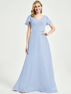 Cornflower Blue Ruffle Sleeve Backless Chiffon Empire Bridesmaid Dress