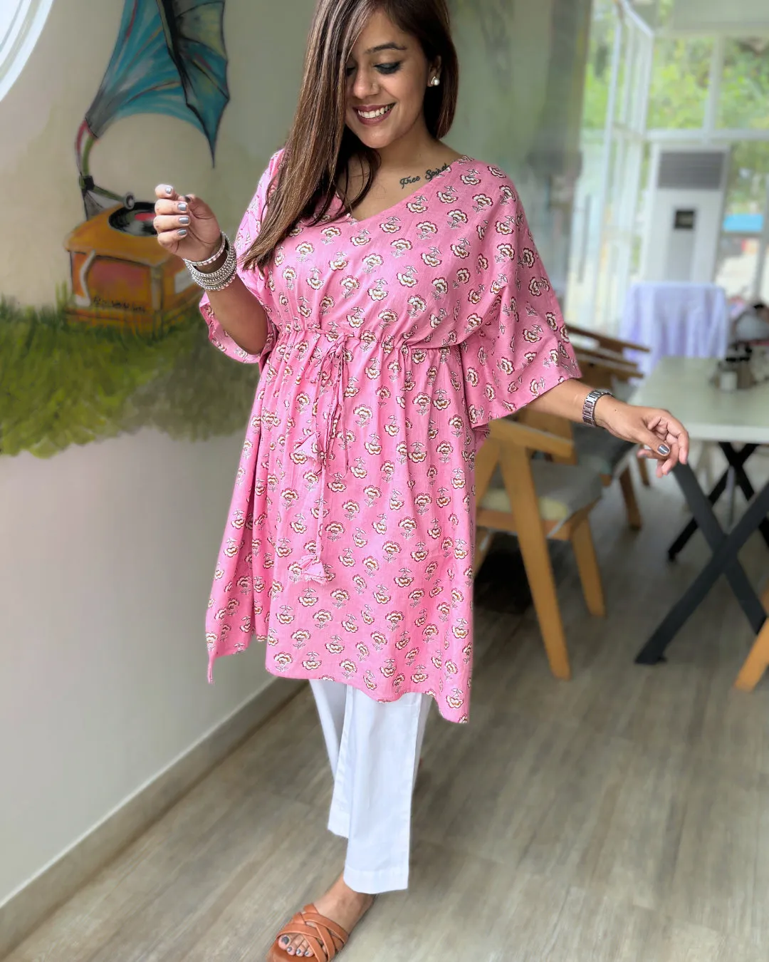 Creamy Pink Dabu Print Kaftan