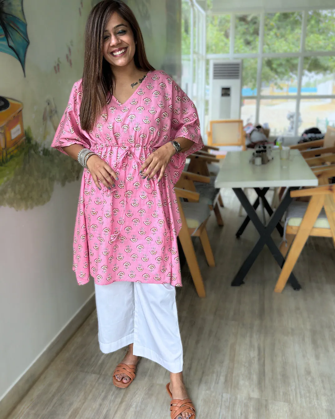 Creamy Pink Dabu Print Kaftan