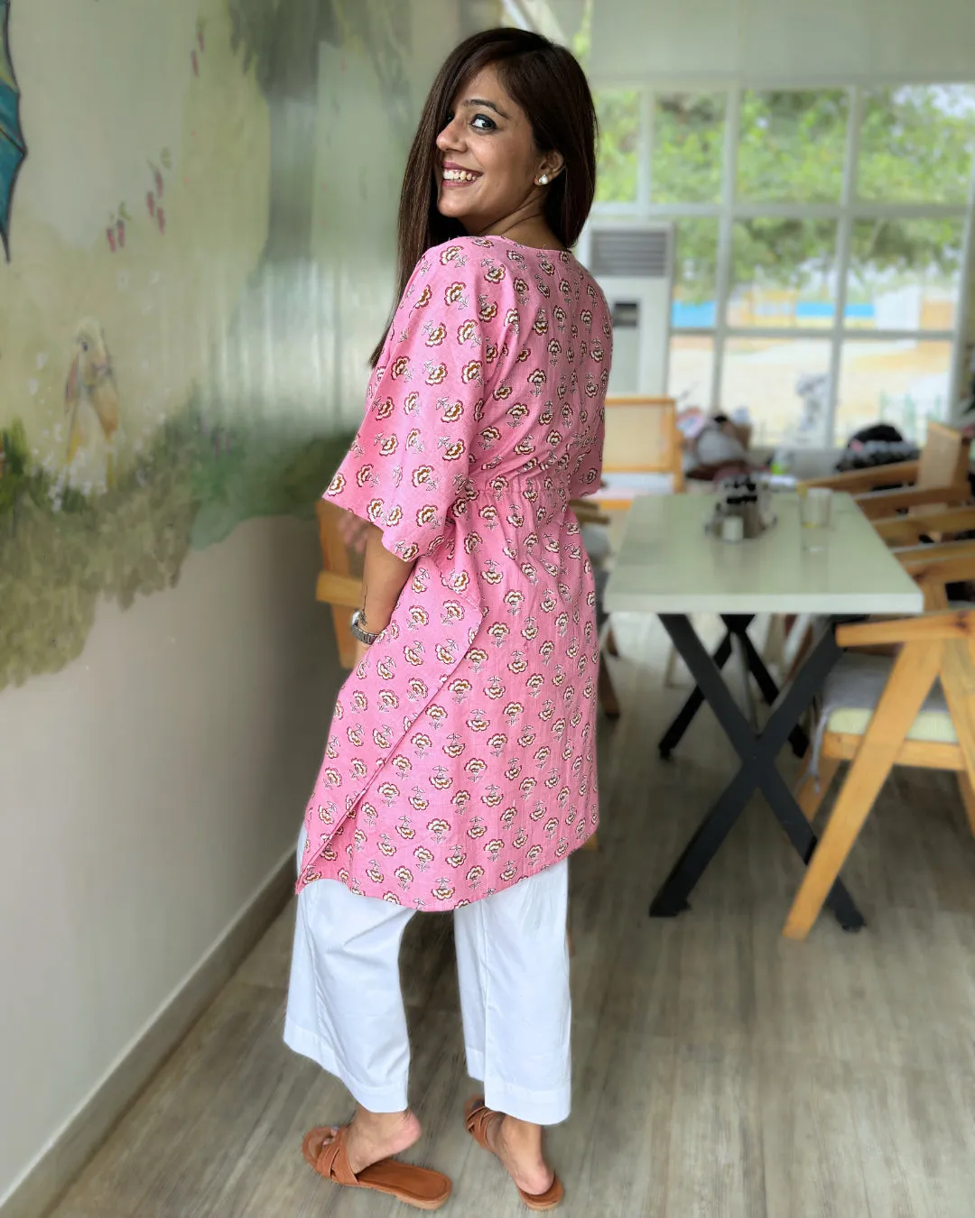 Creamy Pink Dabu Print Kaftan