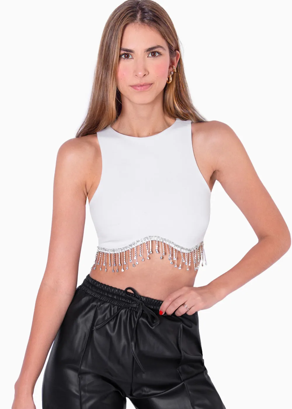 Crop top sin mangas con apliques de piedras brillantes - OLYA