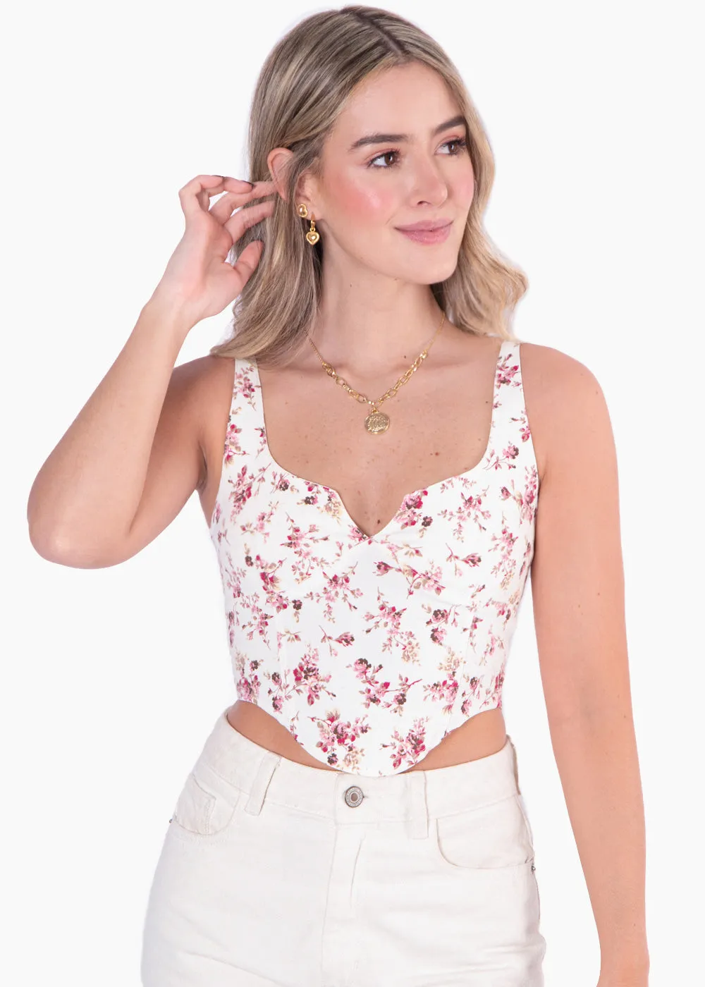 Crop top tipo corset de tiras con estampado de flores - NANDA