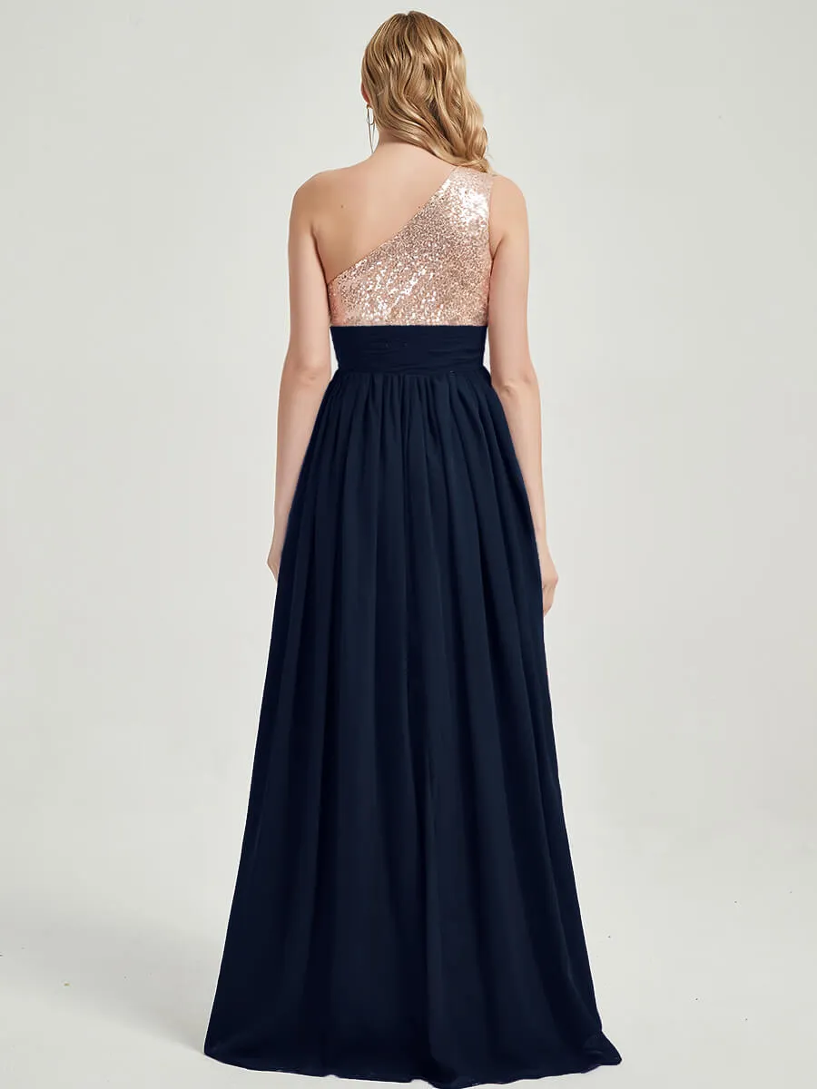 Dark Navy One-Shoulder Sleeveless Chiffon Sequin Maxi Bridesmaid Dress