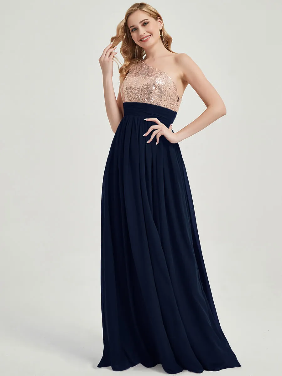 Dark Navy One-Shoulder Sleeveless Chiffon Sequin Maxi Bridesmaid Dress