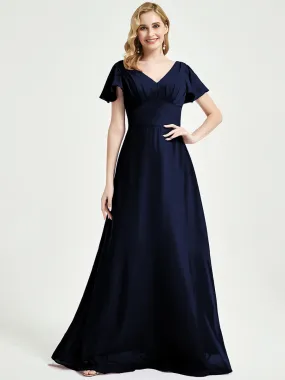 Dark Navy Ruffle Sleeves Backless Maxi Chiffon Empire Bridesmaid Dress