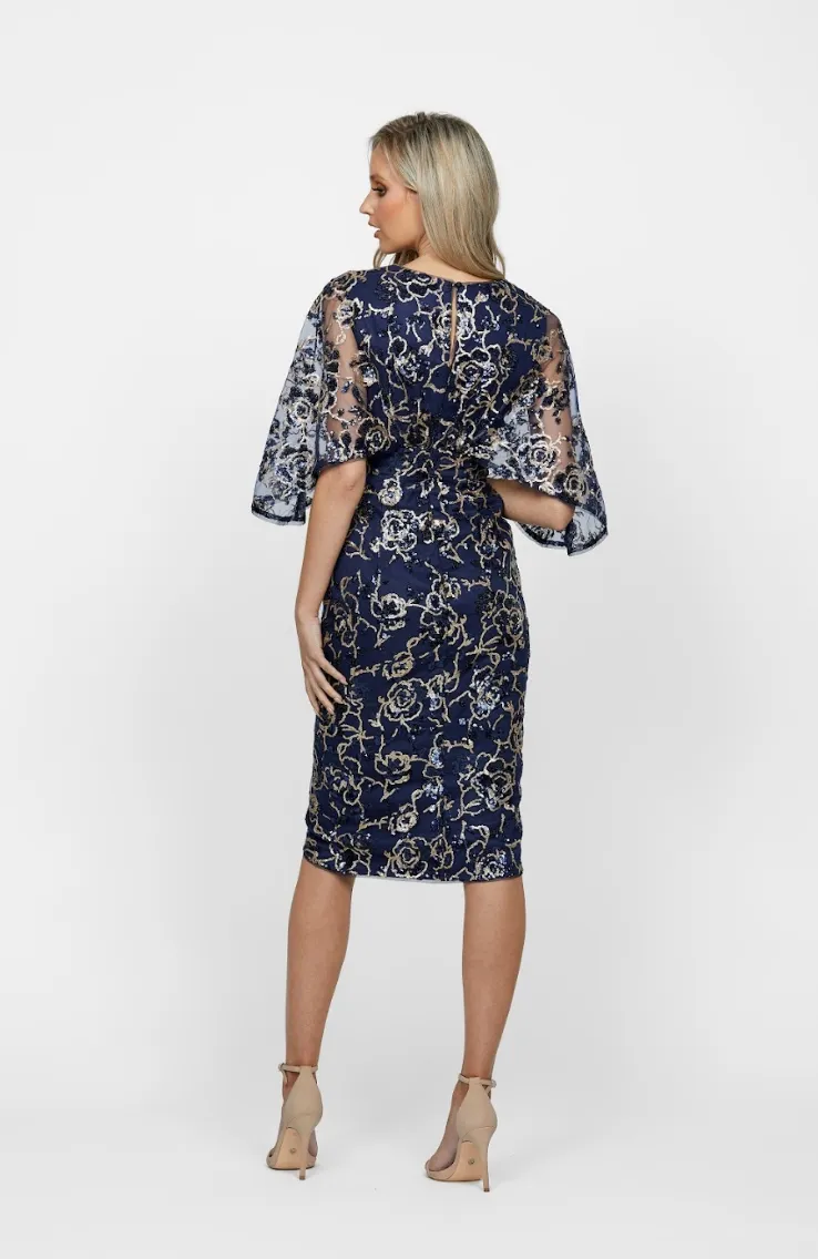 Delara Cape Sleeve Midi Dress by Bariano - Navy