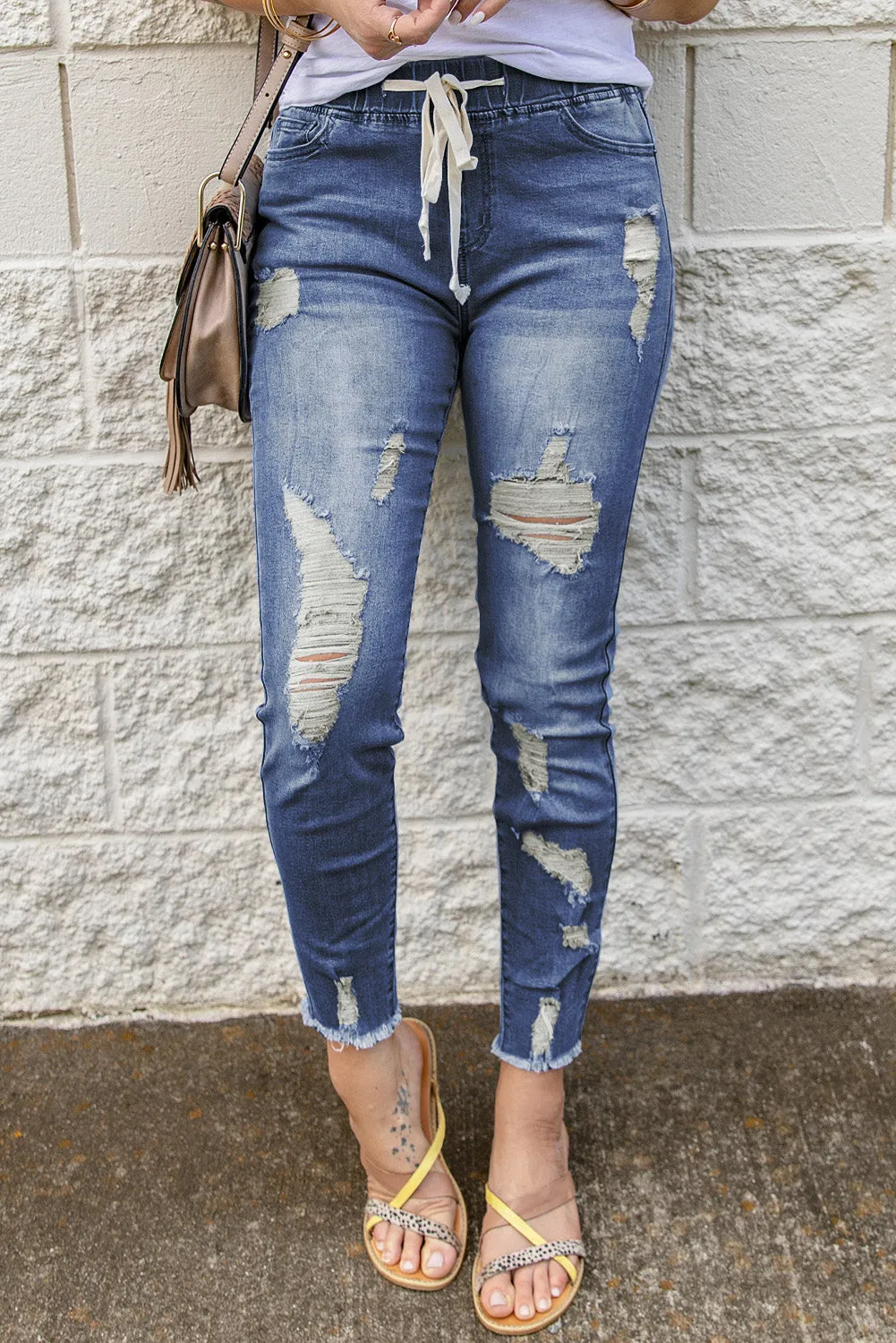 Drawstring Elastic Waist Hole Ripped Jeans