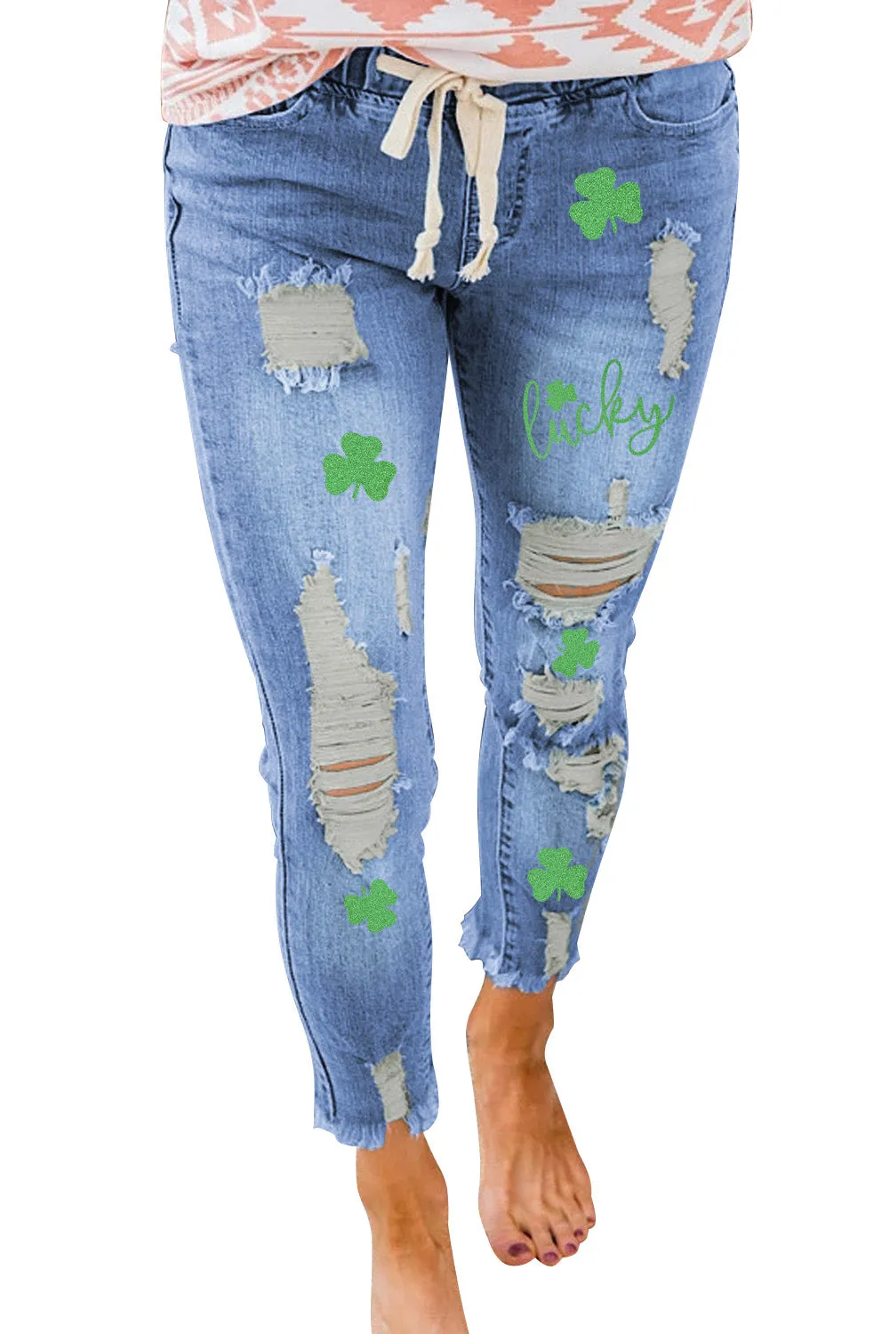 Drawstring Elastic Waist Hole Ripped Jeans