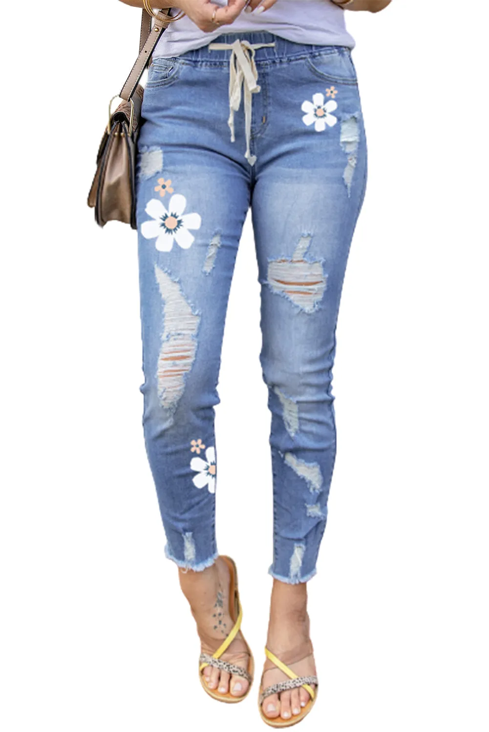 Drawstring Elastic Waist Hole Ripped Jeans