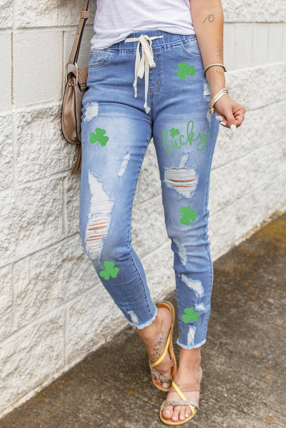 Drawstring Elastic Waist Hole Ripped Jeans