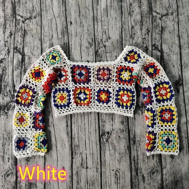 Granny Square Long Sleeve Top Colorful Crochet Crop Top Hand Crocheted Off The Shoulder Beach Festival Summer Blouse Choose Beige White Or Black In Small Medium Or Large