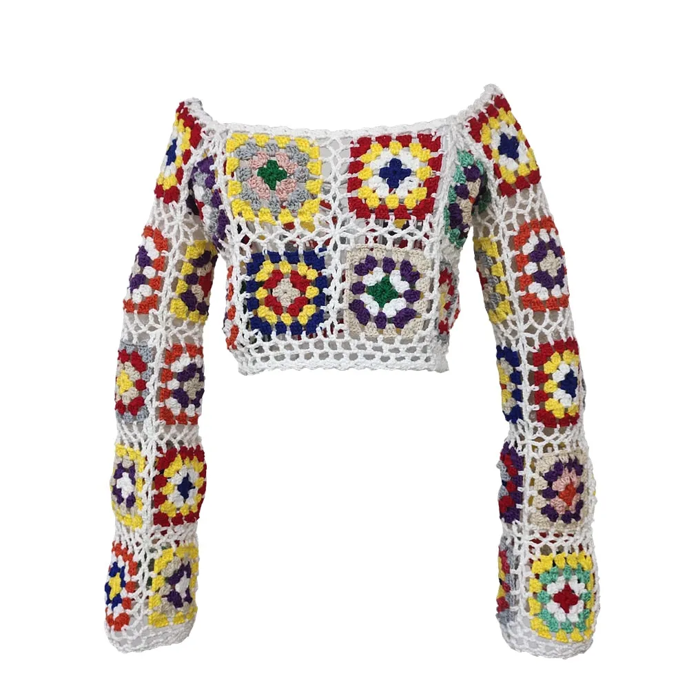 Granny Square Long Sleeve Top Colorful Crochet Crop Top Hand Crocheted Off The Shoulder Beach Festival Summer Blouse Choose Beige White Or Black In Small Medium Or Large