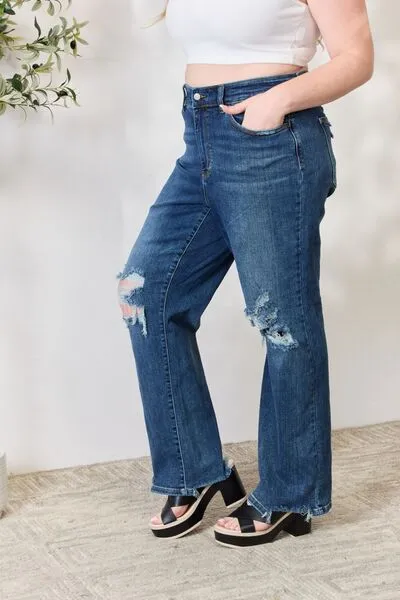 Judy Blue Women's High-Rise 90's Straight Leg Ripped Jeans