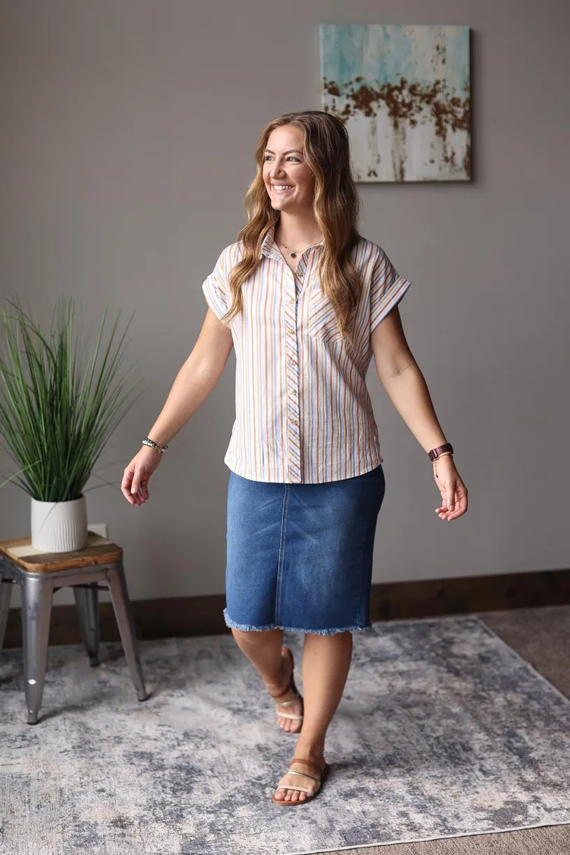 Multi Color Stripe Short Sleeve Button Up Top