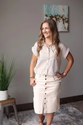 Multi Color Stripe Short Sleeve Button Up Top