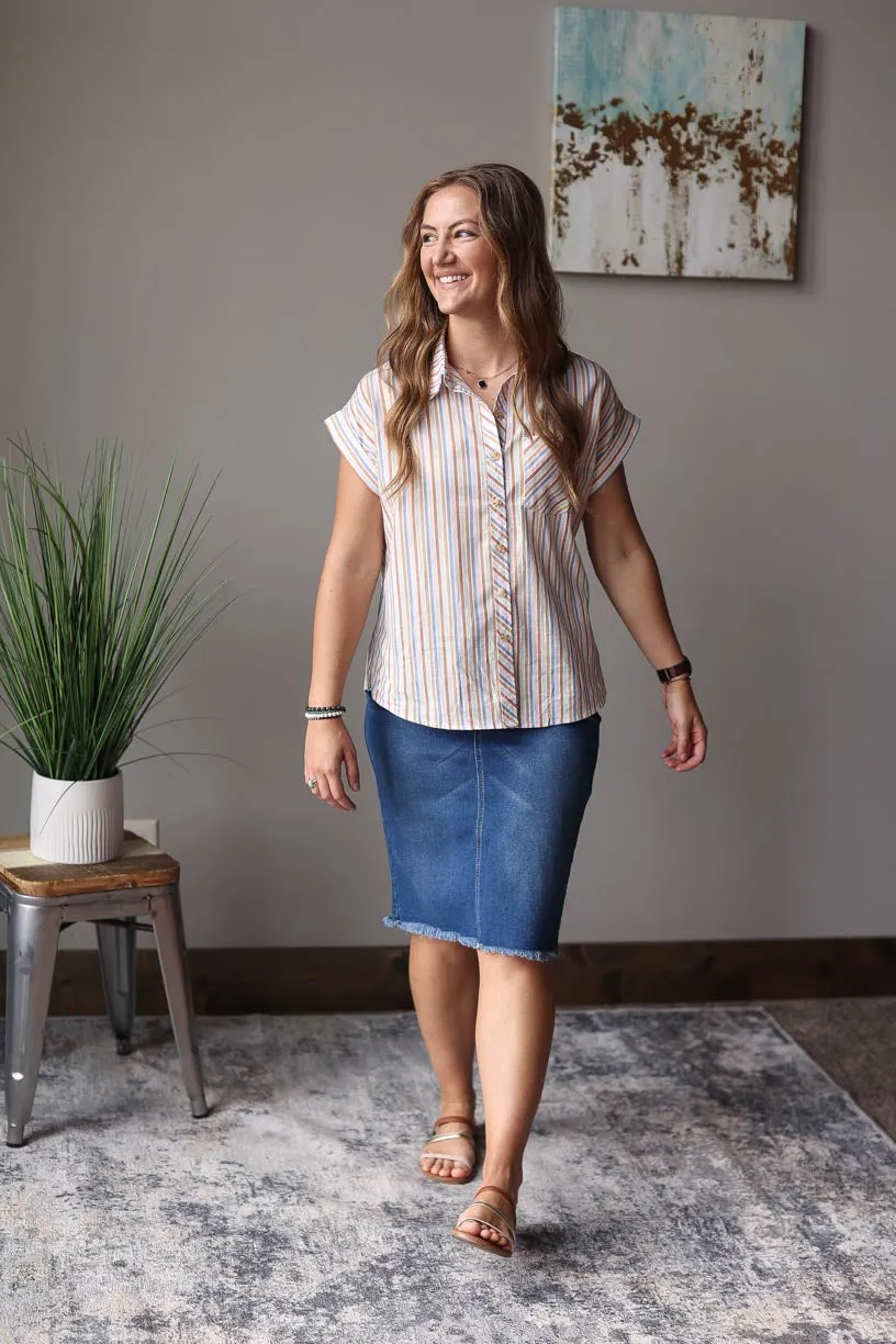 Multi Color Stripe Short Sleeve Button Up Top