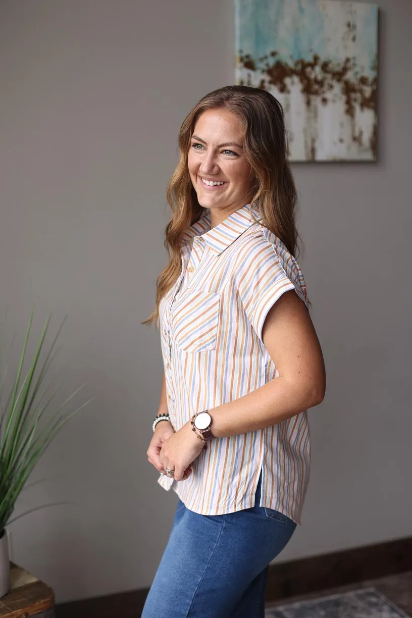 Multi Color Stripe Short Sleeve Button Up Top