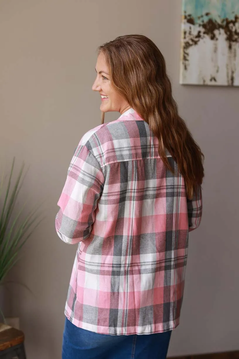 Pink Plaid Flannel Button Up • S