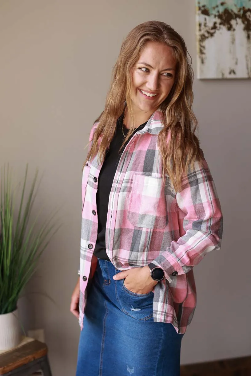 Pink Plaid Flannel Button Up • S