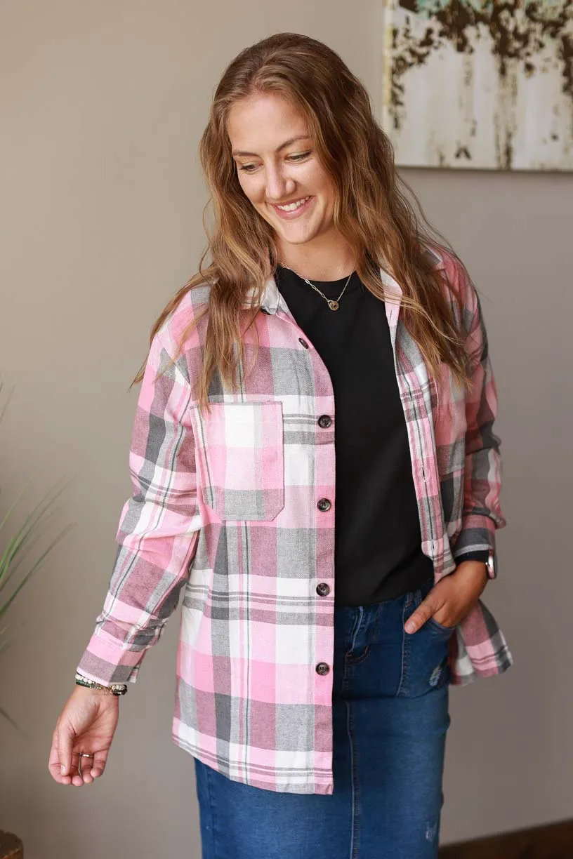 Pink Plaid Flannel Button Up • S