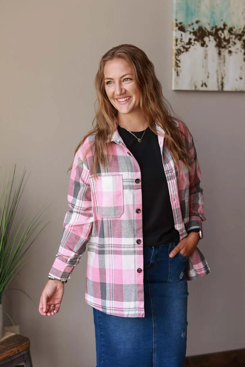 Pink Plaid Flannel Button Up • S