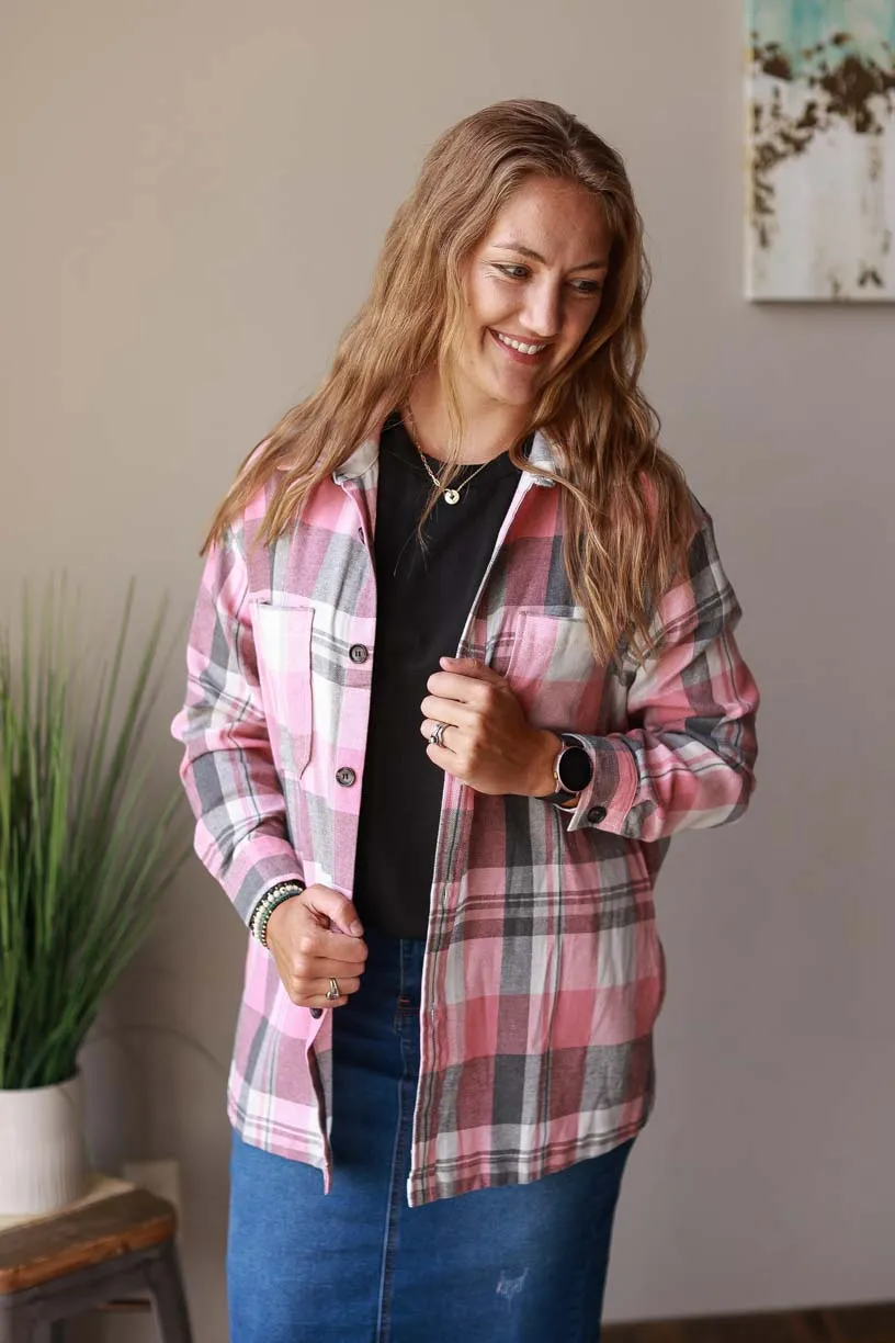 Pink Plaid Flannel Button Up • S