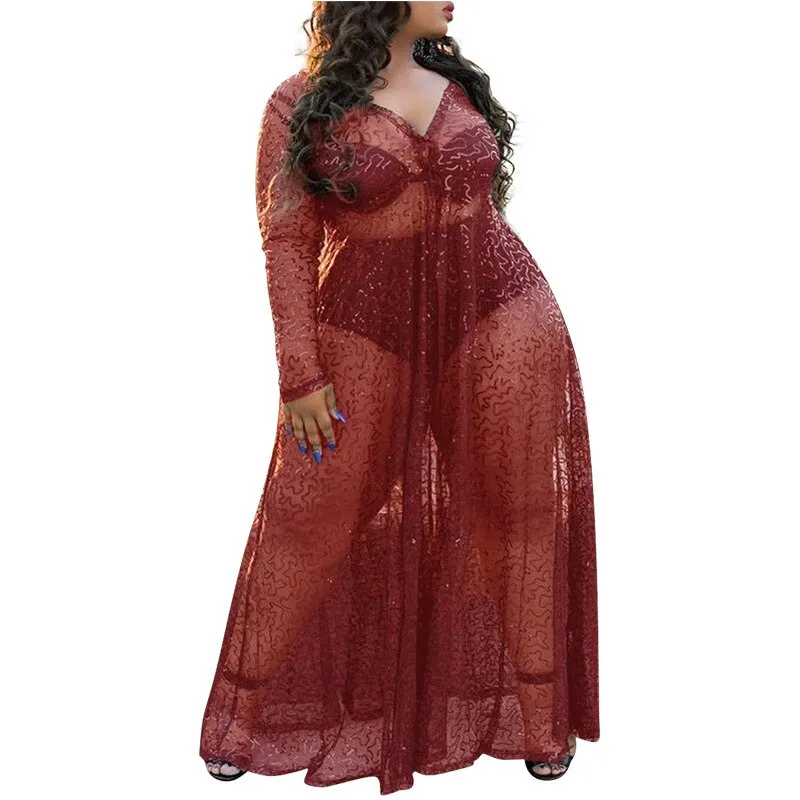 Plus Size Sequined Long Maxi Dres 4XL Summer See Through Red Sexy V Neck Transparent Floor Length Dress Club Party Robe Vestidos