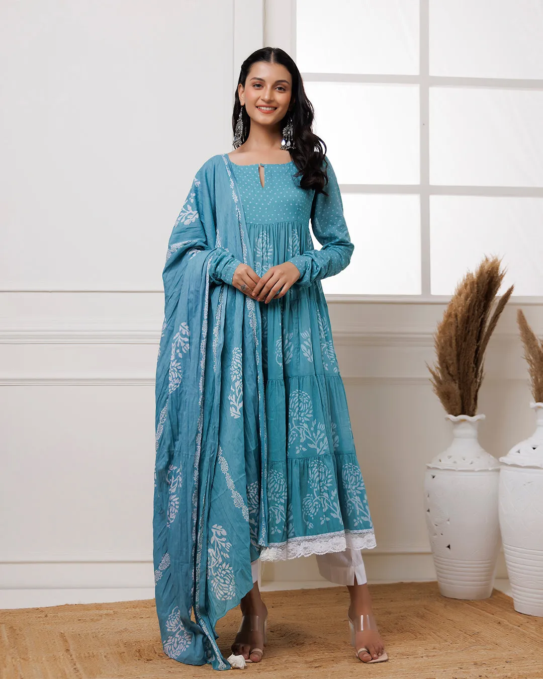 Qala Turquoise Hand Block Printed Anarkali Suit Set