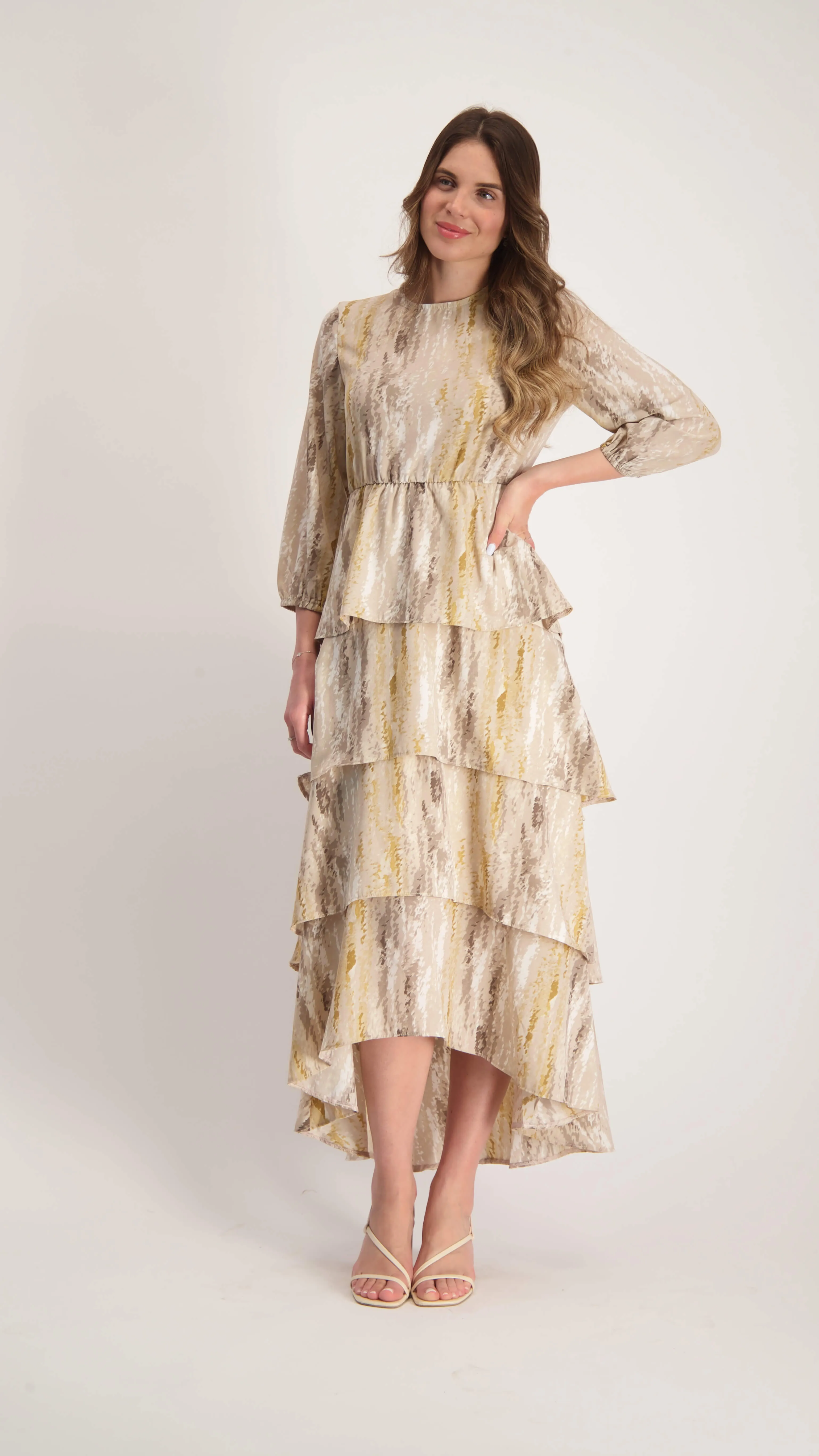 Ruffle Layers Dress / Beige Tie Dye