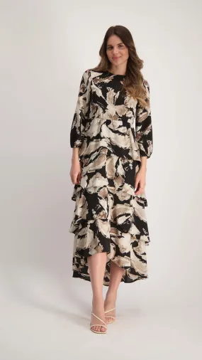 Ruffle Layers Dress / Black & Beige Splash