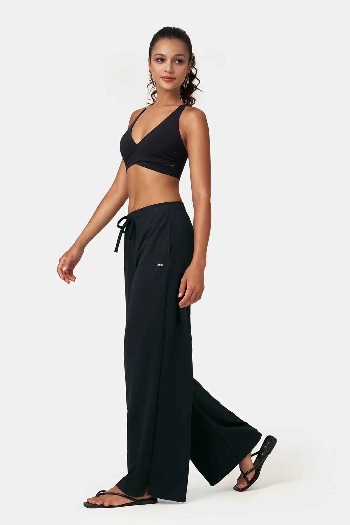 Waffle Texture Side-Slit Wide Leg Pants