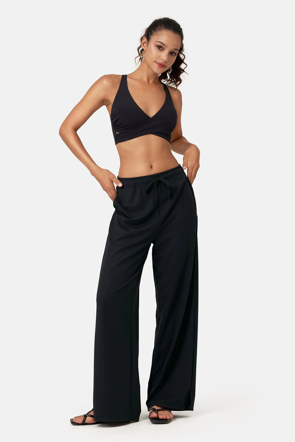 Waffle Texture Side-Slit Wide Leg Pants