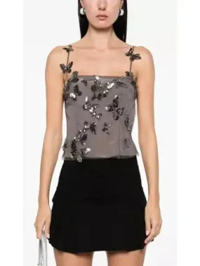 Women’s Backless Butterfly-Sequin-Applique Mesh-Overlay Top