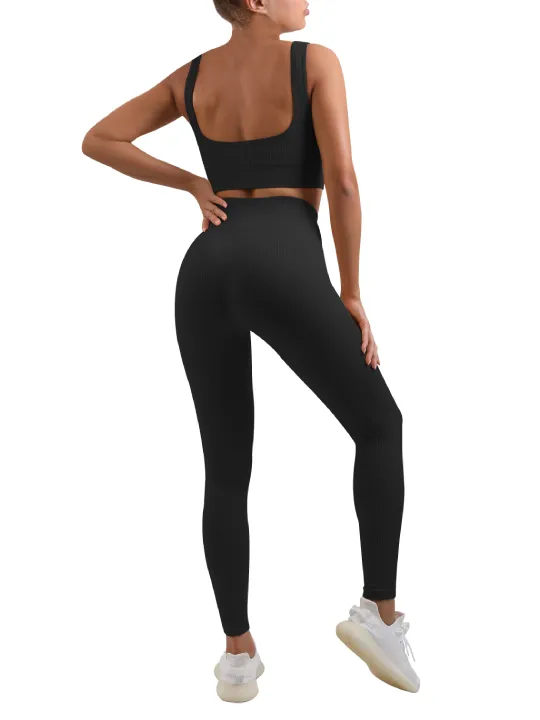 Women's Sexy 2 Piece Workout Suit-Seamless Ribbed Leggings and Square Cut Sports Bra Yoga Sportswear Set